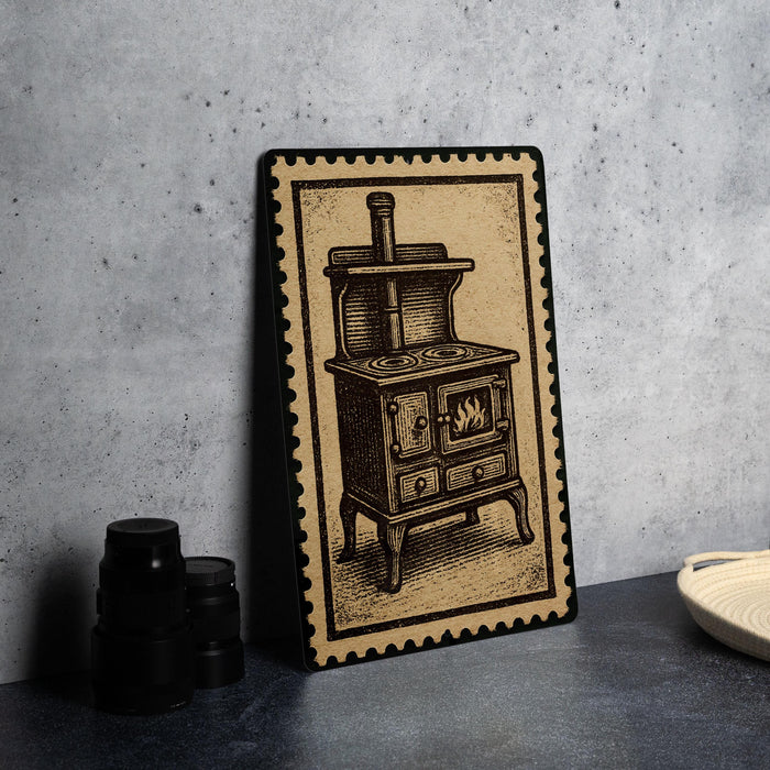 A framed illustration of an old-fashioned stove is displayed on a countertop, accompanied by a stack of black containers and a woven basket.