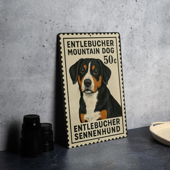 A metal sign featuring a dog illustration and text, placed on a table next to some black camera lenses.