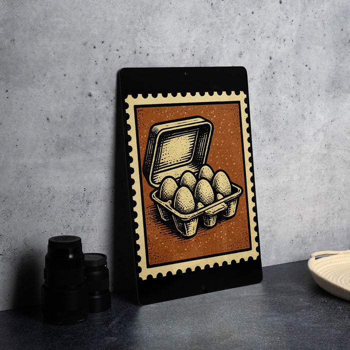 a framed illustration of a carton of eggs on a countertop.