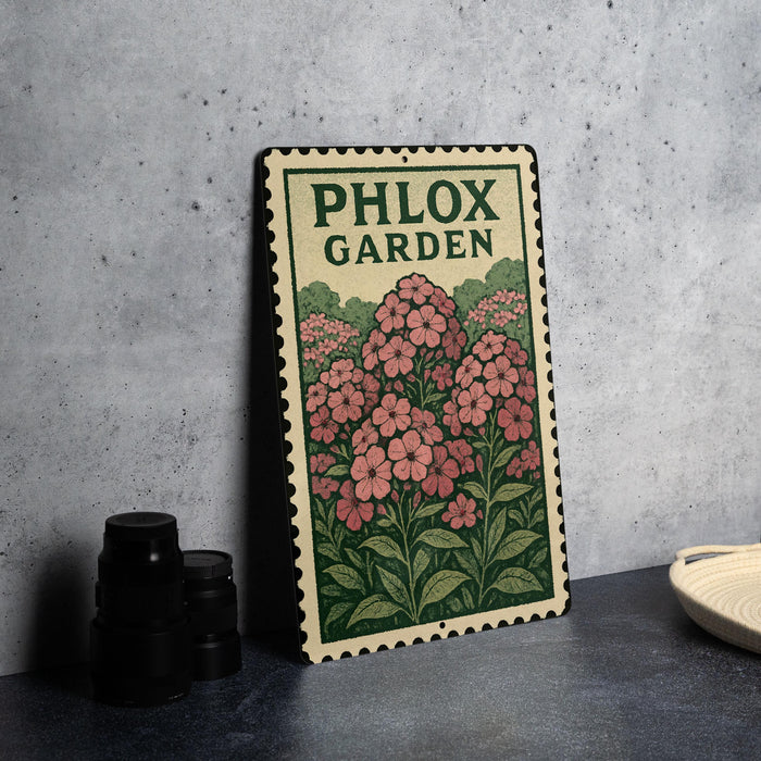 A metal sign with a floral design, featuring the text "PHLOX GARDEN" and a postage stamp-like border, is displayed on a table next to some black camera lenses.