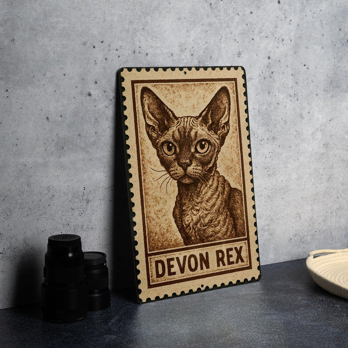 A wooden frame with a printed image of a cat, labeled "DEVON REX", is displayed on a table next to some black camera lenses.