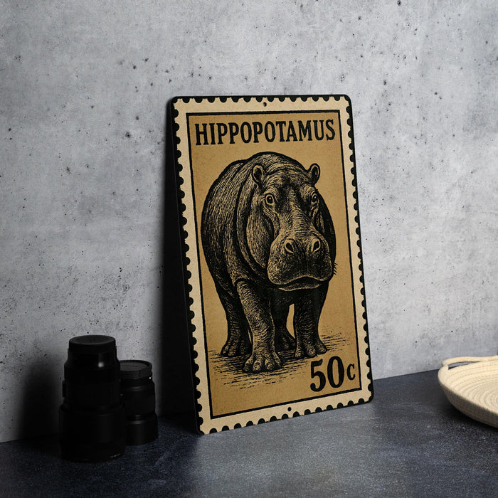 A metal stamp featuring a hippopotamus, with the text "HIPPOPOTAMUS" and "50c" printed on it.