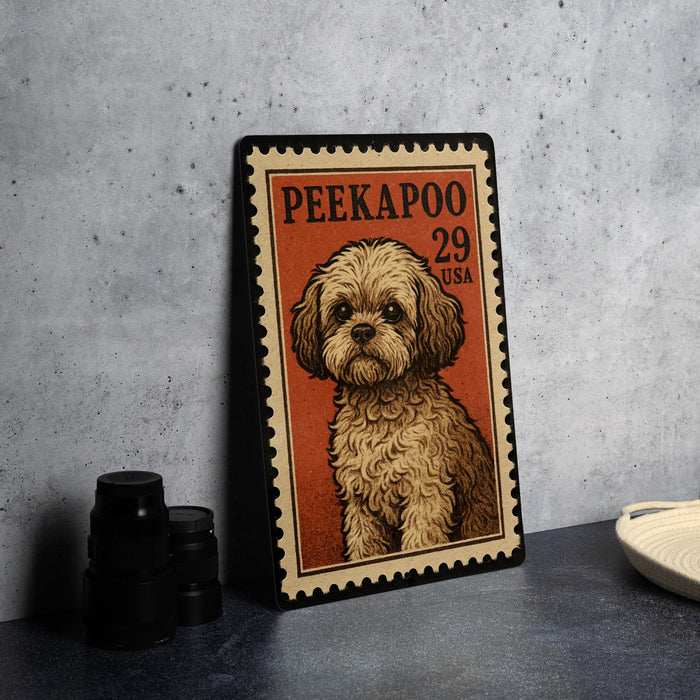A metal stamp featuring a dog illustration, with the text "PEEKAPOO 29 USA" printed on it.