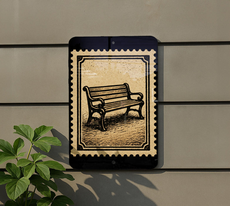 a black and white illustration of a bench on a wall, with a plant to the left side.