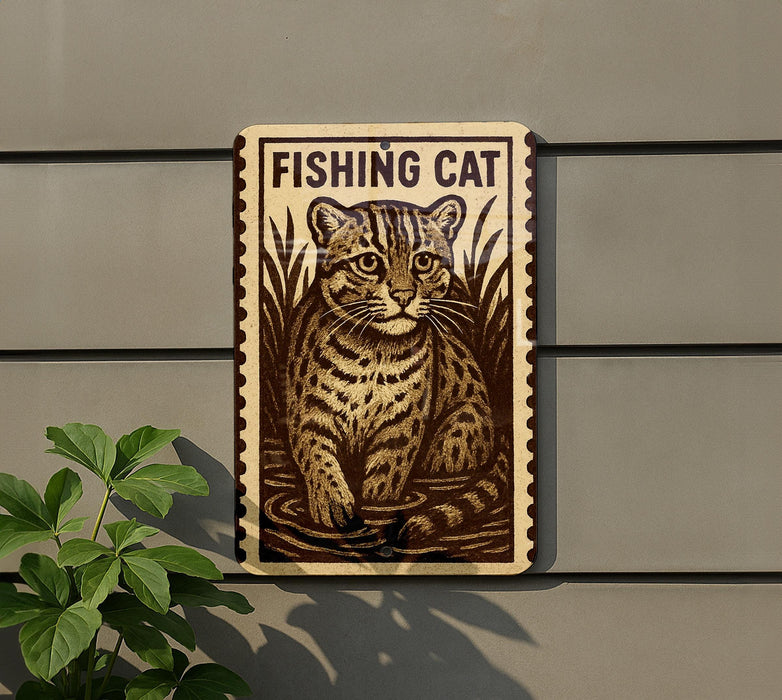 a sign with a cat illustration, mounted on a wall next to a plant.