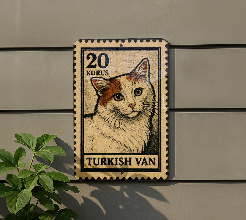 A Turkish postage stamp featuring a cat is displayed on a wall, with a plant visible to the left.