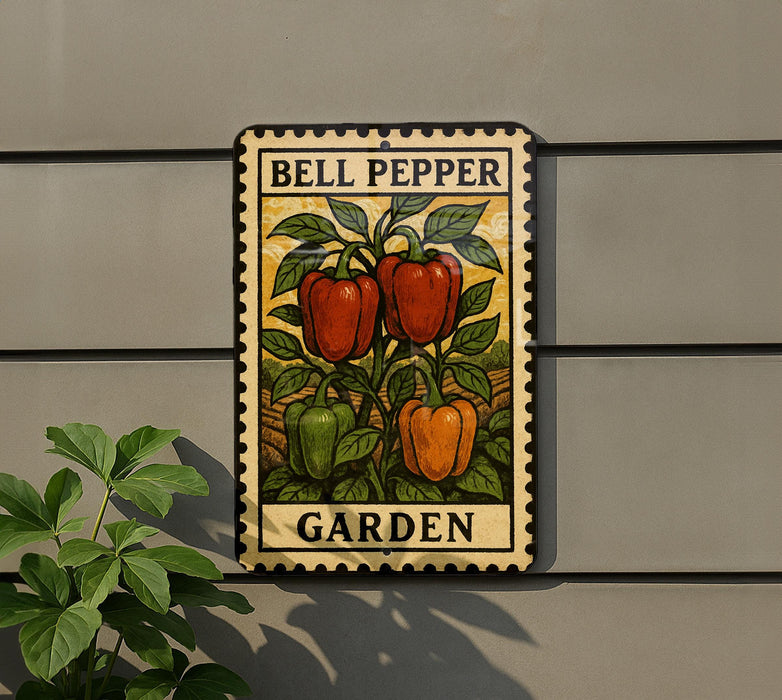 A metal sign with a bell pepper illustration is mounted on a wall, with a plant to the left of the sign.