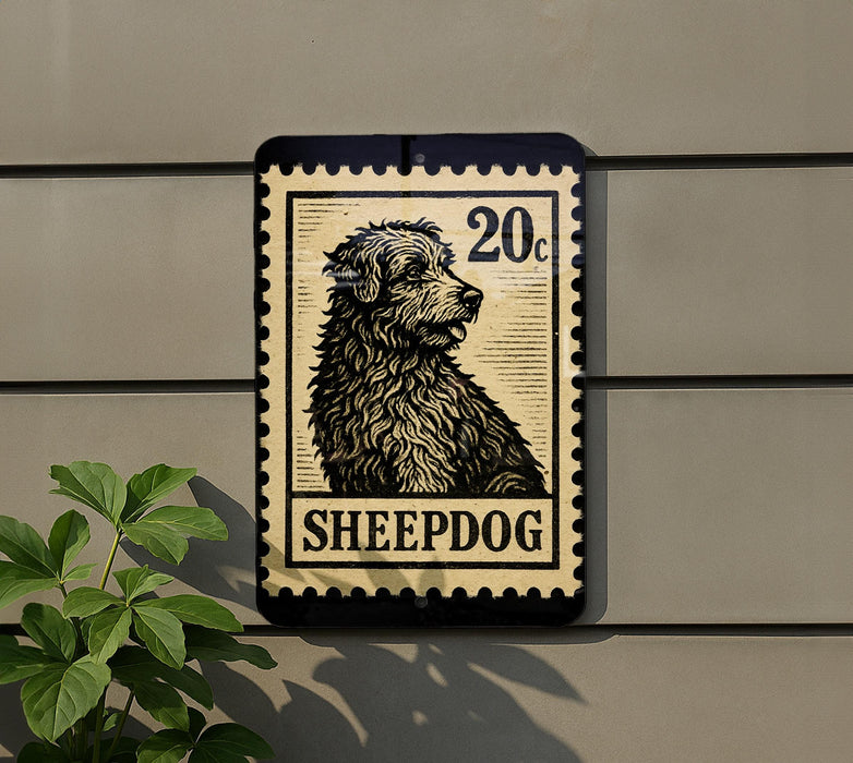 A metal sign with a black and white illustration of a dog, resembling a postage stamp, mounted on a wall.