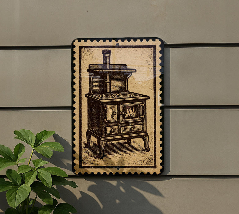 a vintage-style stove with a wood-burning oven, depicted on a wall with a decorative border.