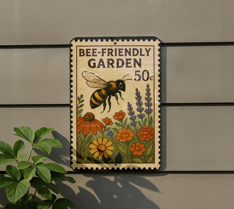 A metal sign with a bee and flowers, advertising a "Bee-Friendly Garden 50¢" on a wall.