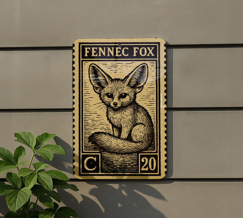a Fennec Fox, a small desert fox, depicted on a postage stamp-like plaque mounted on a wall.