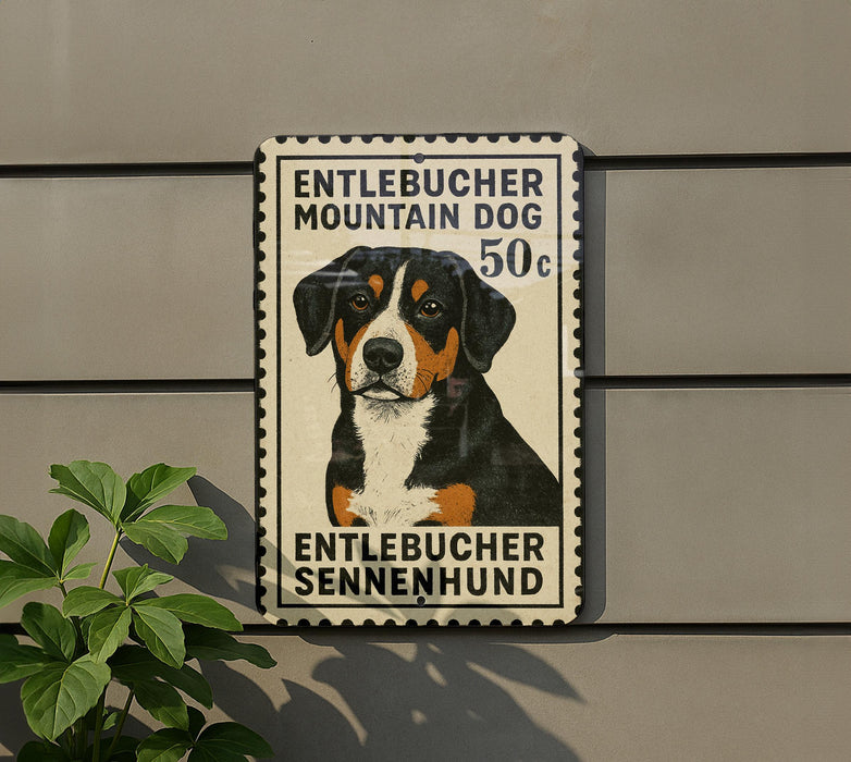 a sign with a picture of a dog, specifically a Bernese Mountain Dog, mounted on a wall.