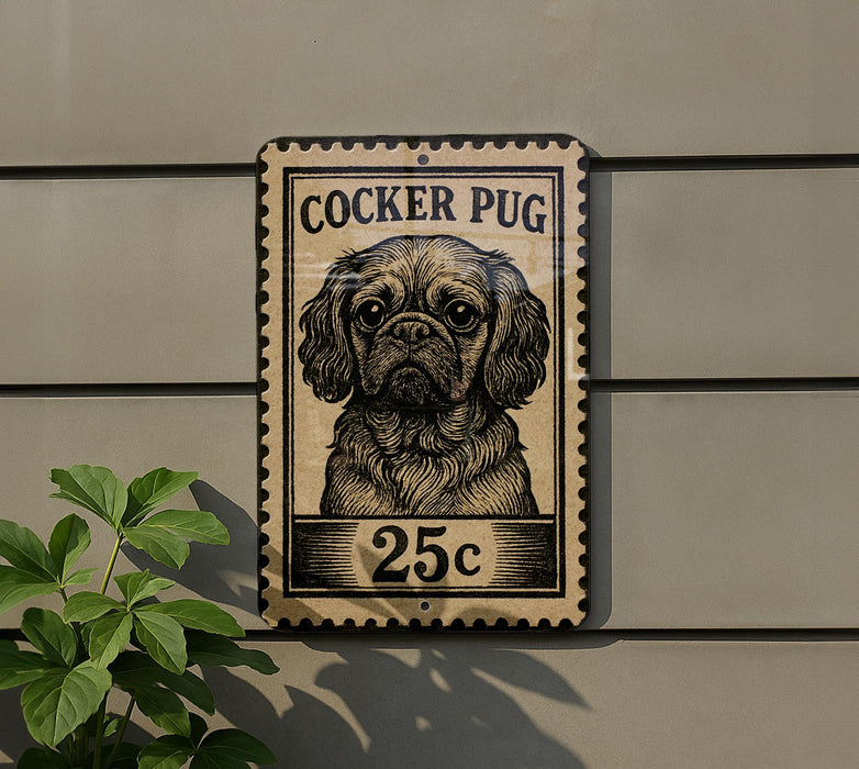 a Cocker Pug dog, which is depicted in a postage stamp-like frame.