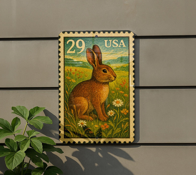 A framed postcard or stamp featuring a rabbit in a field with flowers, mounted on a wall.