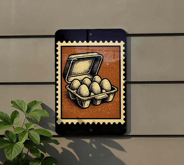 a sign with a stamp-like border, depicting a carton of eggs.