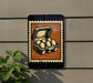 a sign with a stamp-like border, depicting a carton of eggs.