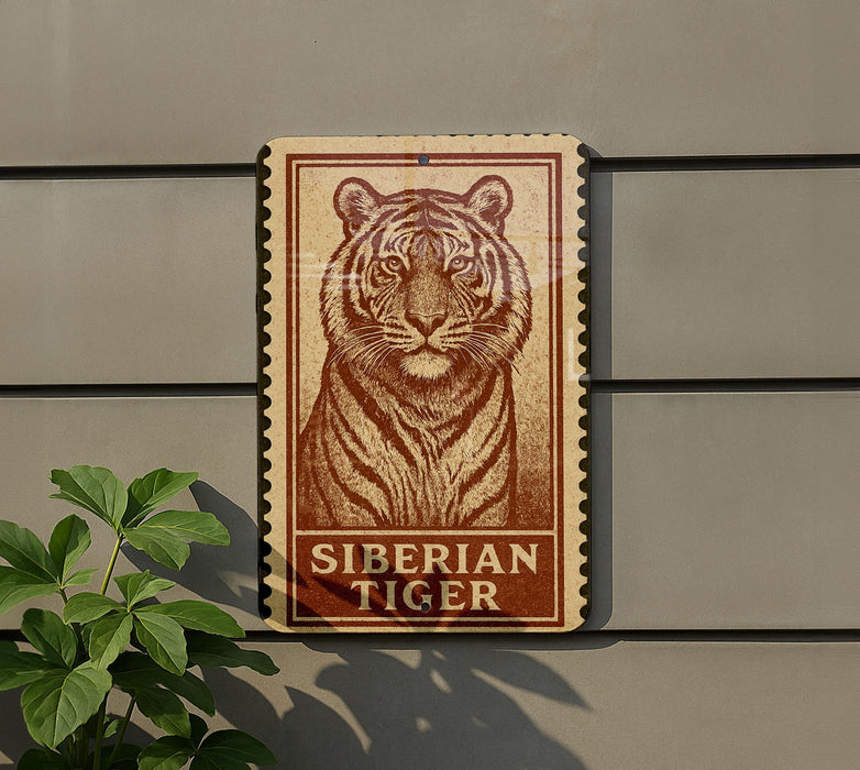 A wooden sign featuring a tiger's portrait is mounted on a wall, with a plant visible to the left.