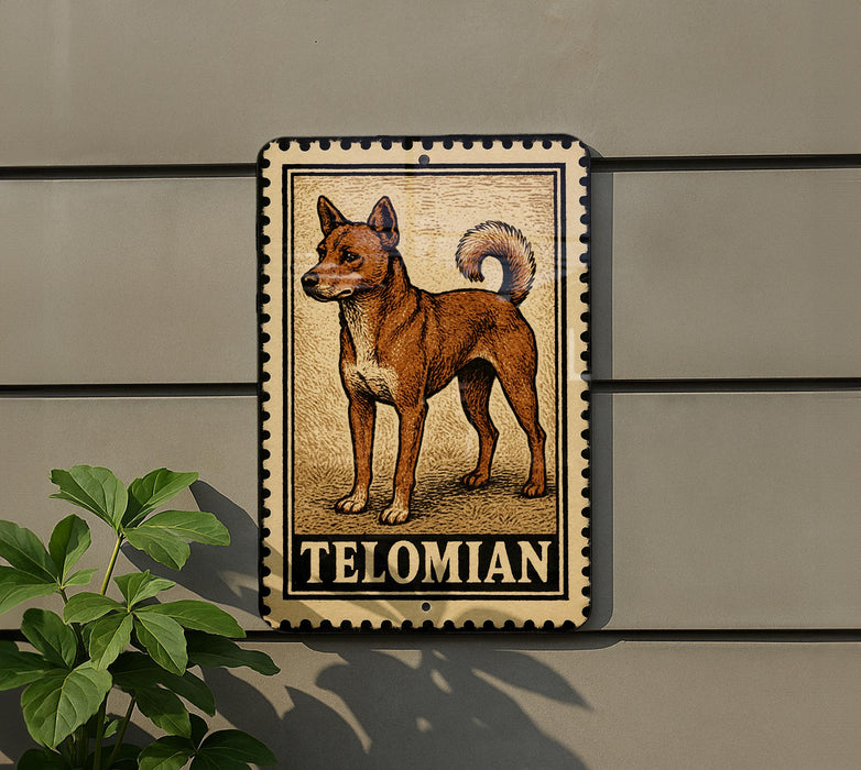 A metal sign with a picture of a dog, labeled "TELOMIAN", is mounted on a wall next to a plant.
