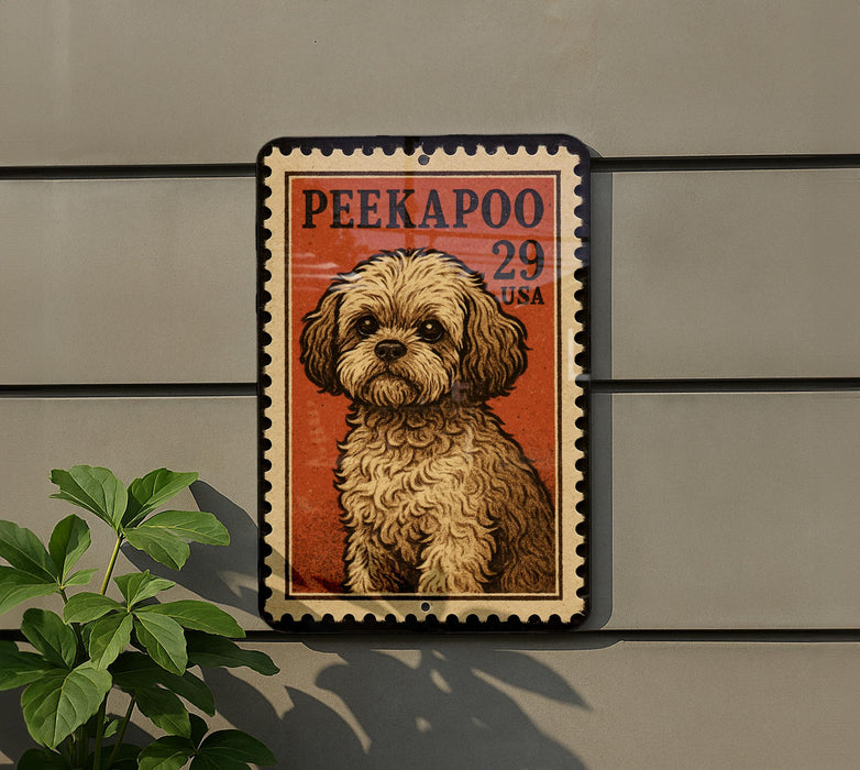 A postage stamp featuring a dog is displayed on a wall, with a plant visible to the left.