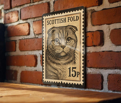 A wooden table with a brick wall in the background, and a framed Scottish Fold cat stamp on the wall.
