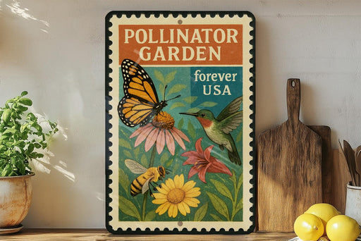 A vintage-style metal sign for the Pollinator Garden, featuring a butterfly, hummingbird, and flowers, is displayed on a wooden shelf next to a potted plant and a wooden cutting board.
