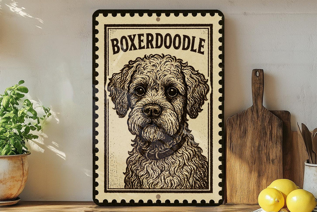 A framed illustration of a Boxeroodle dog is displayed on a shelf, accompanied by a wooden cutting board and a potted plant.