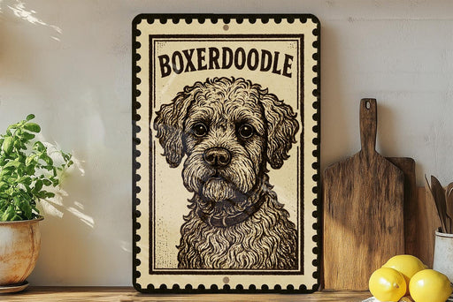 A framed illustration of a Boxeroodle dog is displayed on a shelf, accompanied by a wooden cutting board and a potted plant.