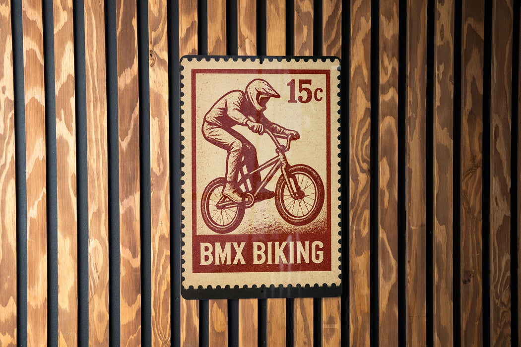 A red and white BMX bike stamp is displayed on a wooden wall.