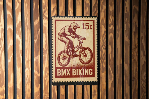 A red and white BMX bike stamp is displayed on a wooden wall.