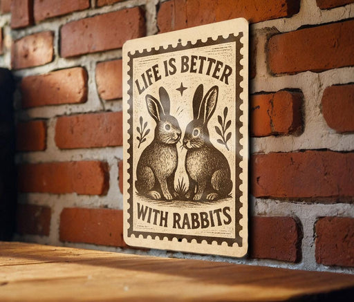 a sign with the text "Life is better with rabbits" and an illustration of two rabbits.