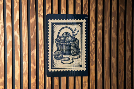 A black and white illustration of a basket filled with yarn and knitting needles is displayed on a wooden wall.