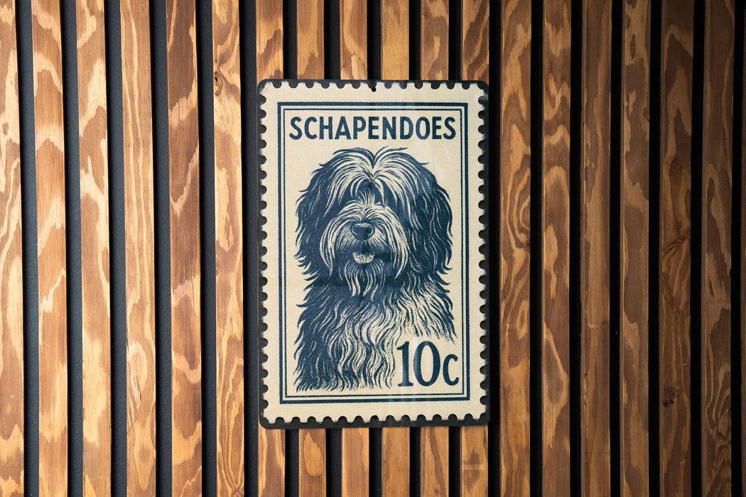 A blue and white postage stamp featuring a dog's face is displayed on a wooden wall.