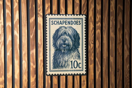 A blue and white postage stamp featuring a dog's face is displayed on a wooden wall.