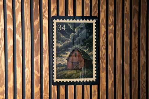 A wooden wall with a framed image of a barn in the center.