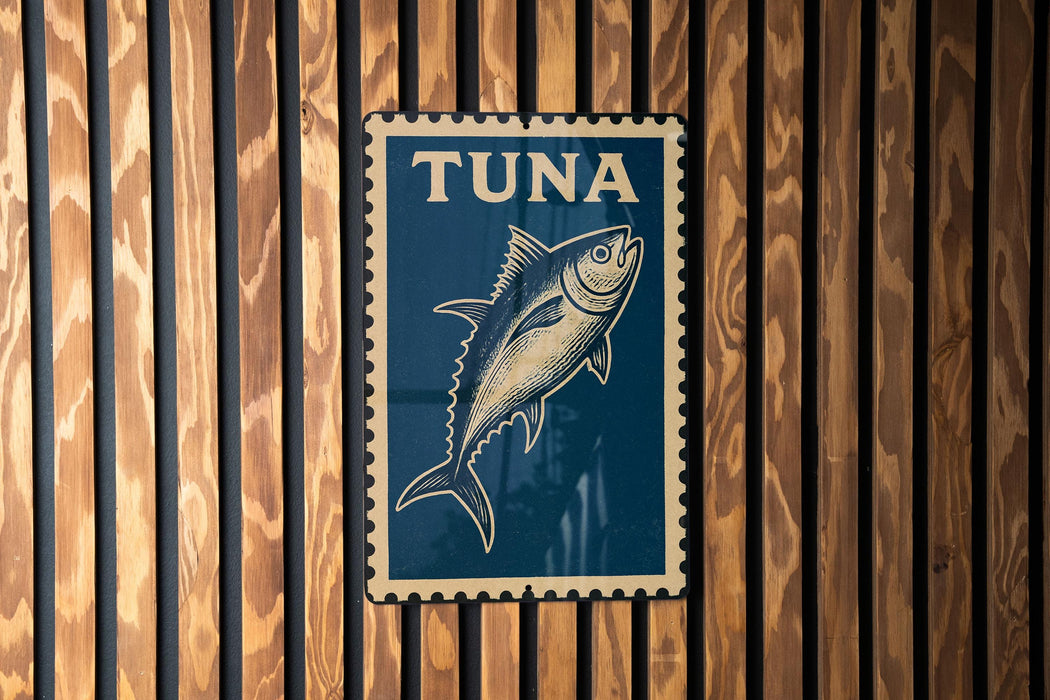 A blue sign with a fish illustration is mounted on a wooden wall.