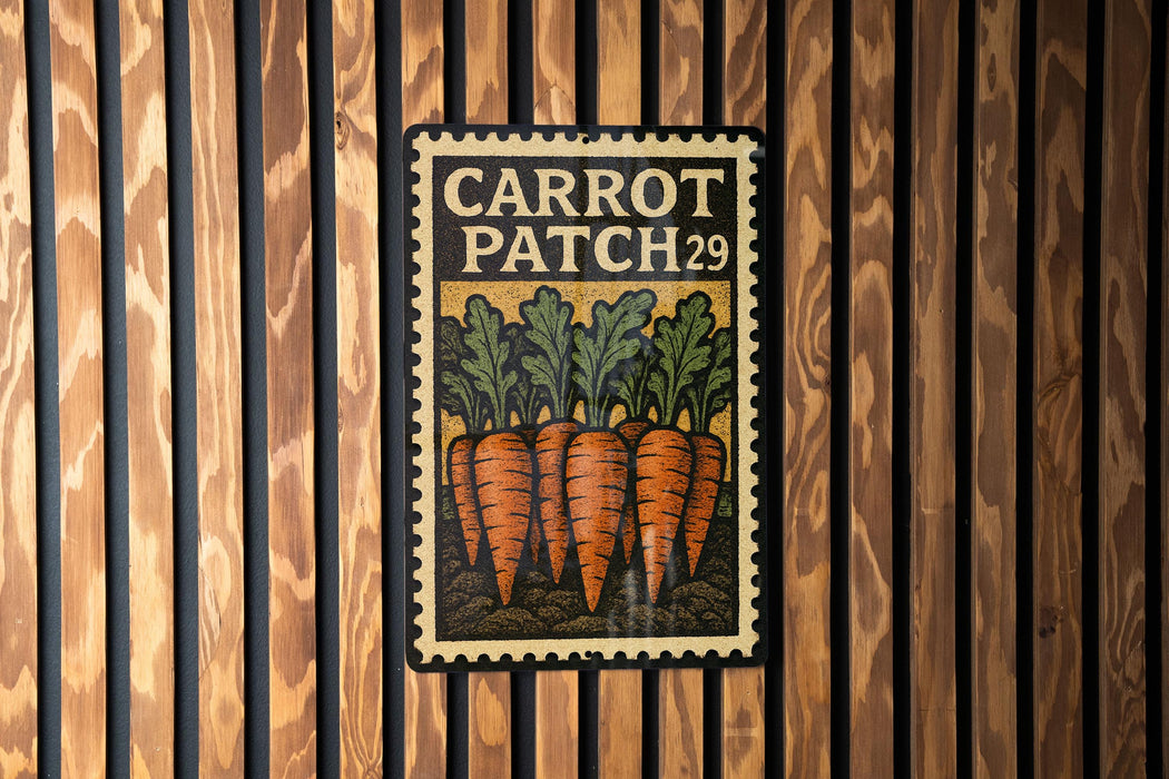 A vintage-style metal sign with the text "CARROT PATCH 29" and an illustration of several carrots growing in a patch of soil.