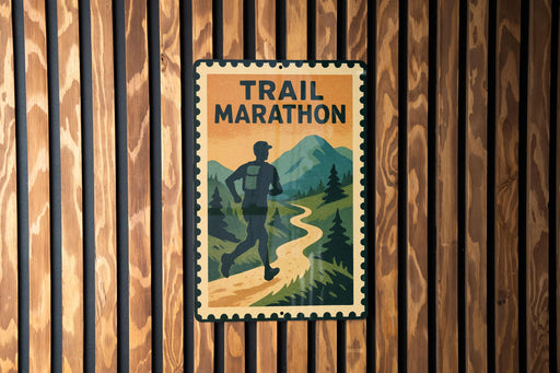 A vintage-style metal sign with the text "Trail Marathon" and an illustration of a person running on a trail through a mountainous landscape.