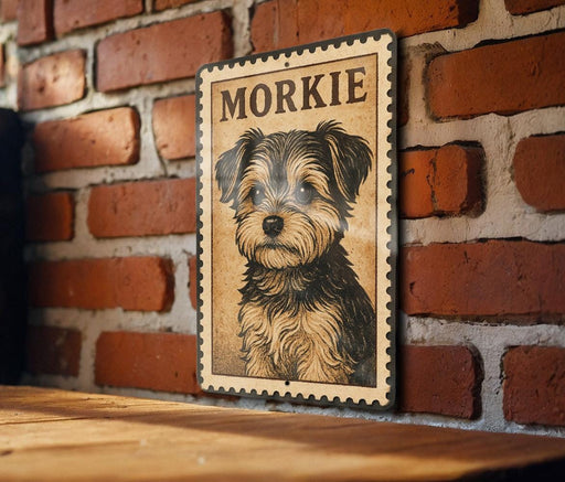 A wooden table with a framed image of a dog, specifically a Yorkshire Terrier, on the wall behind it.