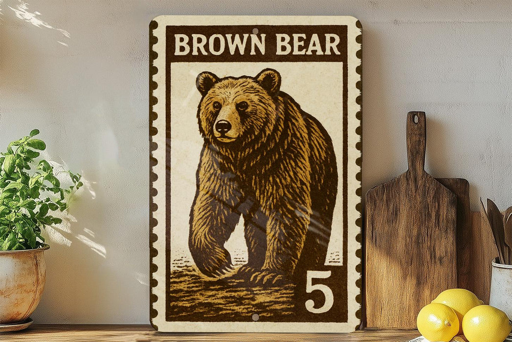 A framed image of a brown bear, with the text "Brown Bear" and the number "5" below it, is displayed on a shelf next to a wooden cutting board and some potted plants.