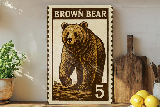 A framed image of a brown bear, with the text "Brown Bear" and the number "5" below it, is displayed on a shelf next to a wooden cutting board and some potted plants.