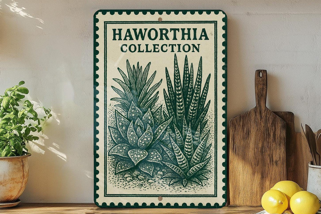 a decorative sign with a plant illustration, placed on a wooden surface next to a wooden cutting board and some potted plants.