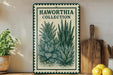 a decorative sign with a plant illustration, placed on a wooden surface next to a wooden cutting board and some potted plants.