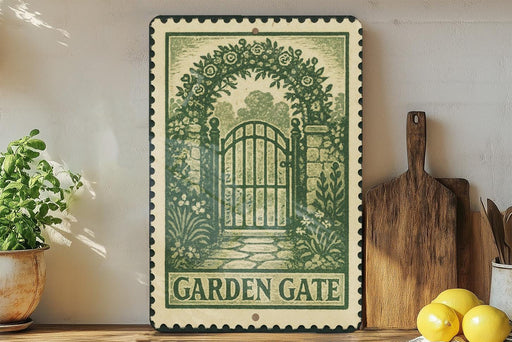 a vintage-style metal sign with a garden gate design, placed on a wooden shelf next to a potted plant and a wooden cutting board.