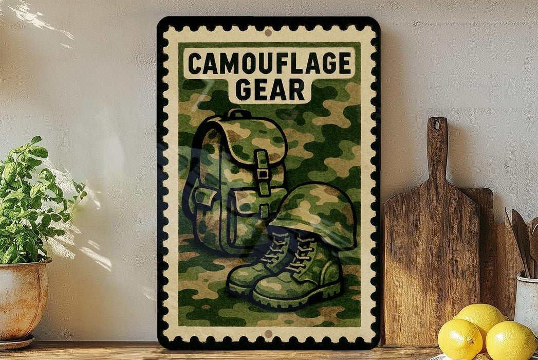 A framed poster with a camouflage design, featuring a backpack and boots, is displayed on a shelf next to a wooden cutting board and a potted plant.