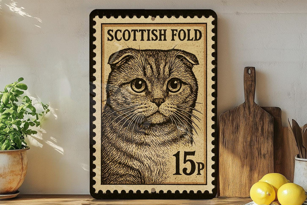 A framed image of a cat, likely a Scottish Fold, is displayed on a shelf next to a wooden cutting board and some lemons.