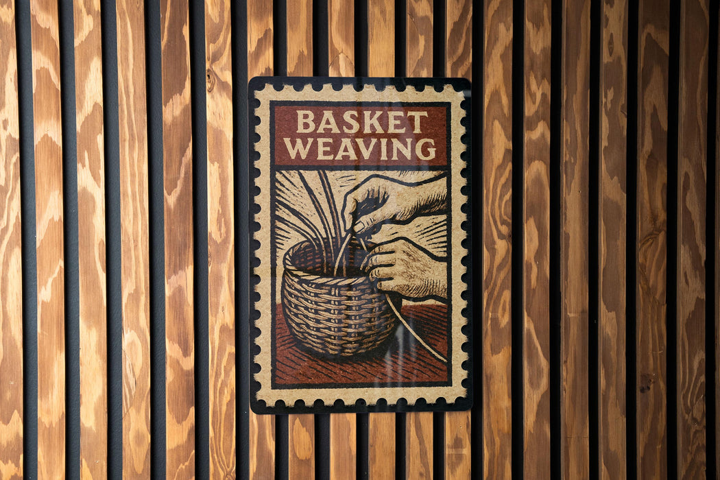 A sign that reads "Basket Weaving" is displayed on a wooden wall.
