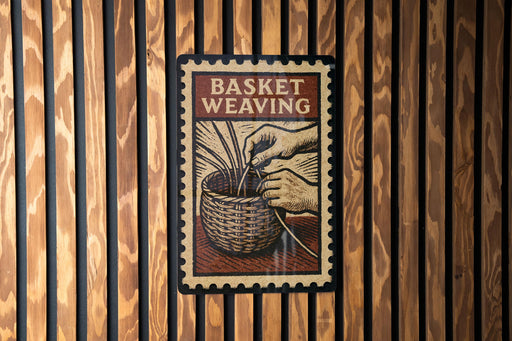 A sign that reads "Basket Weaving" is displayed on a wooden wall.
