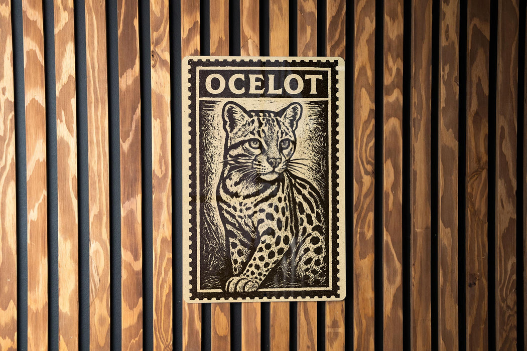 A black and white illustration of a leopard is displayed on a wooden wall.