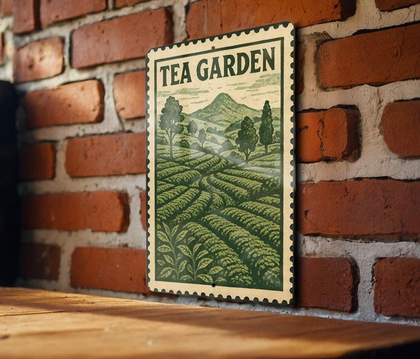 A vintage-style stamp or sign with the text "TEA GARDEN" displayed on a brick wall.
