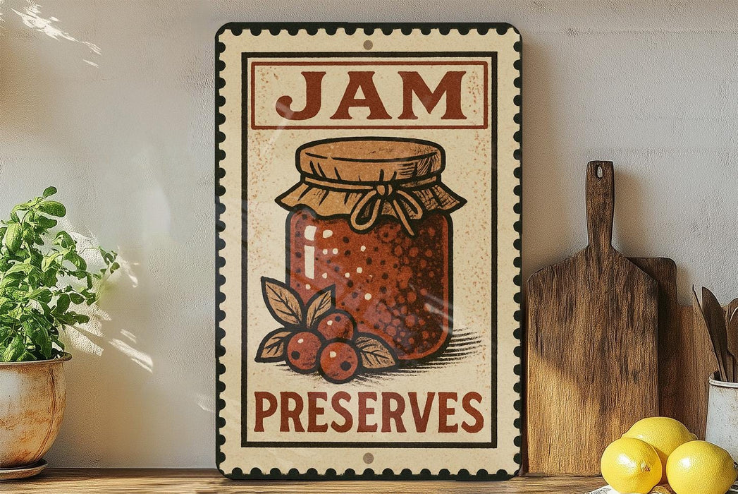 A vintage-style metal sign with the text "JAM PRESERVES" and an illustration of a jar of jam, placed on a wooden shelf next to a wooden cutting board and a potted plant.